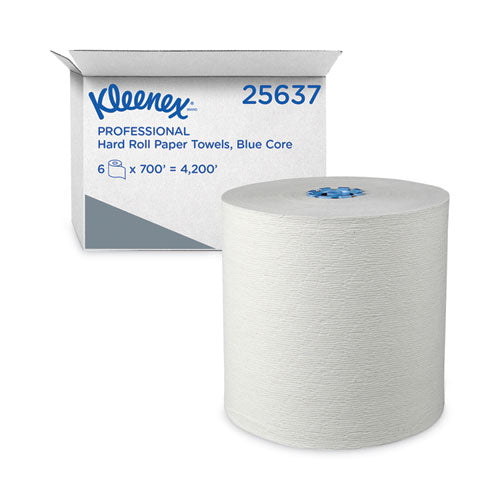 Hard Roll Paper Towels With Premium Absorbency Pockets With Colored Core, Blue Core, 1-ply, 7.5" X 700 Ft, White, 6 Rolls/ct