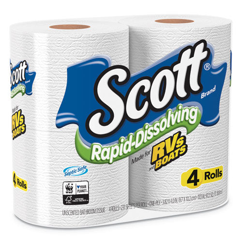 Papel higiénico de disolución rápida, papel higiénico, seguro séptico, 1 capa, blanco, 231 hojas/rollo, 4/rollos/paquete, 12 paquetes/cartón