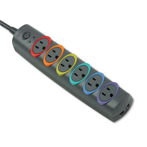 Smartsockets Tira de protección contra sobretensiones codificada por color, 6 tomacorrientes de CA, cable de 8 pies, 1,260 J, negro