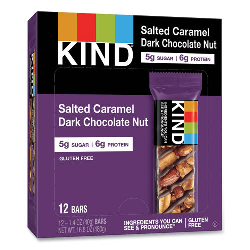 Barra de nueces y especias, caramelo salado y nuez de chocolate oscuro, 1.4 oz, 12/paquete