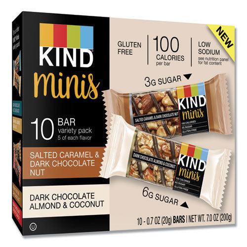 Minis, caramelo salado y nuez de chocolate oscuro/almendra de chocolate oscuro y coco, 0.7 oz, 20/paquete