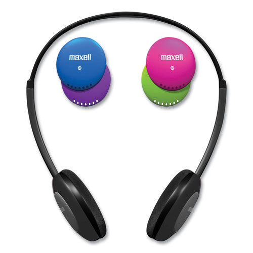 Auriculares seguros para niños con micrófono en línea, cable de 4 pies, negros con tapas intercambiables rosa/azul/plata