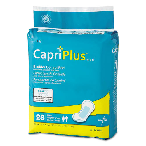 Almohadillas para el control de la vejiga Capri Plus, Ultra Plus, 8" X 17", 28/paquete, 6/caja