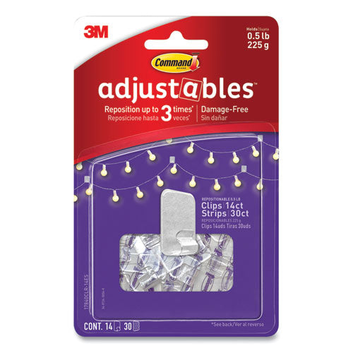 Miniclips ajustables reposicionables, plástico, blanco, capacidad de 0,5 lb, 14 clips y 30 tiras