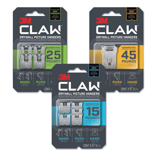 Claw Drywall Picture Hanger, Stainless Steel, 45 Lb Capacity, 3 Hooks And 3 Spot Markers