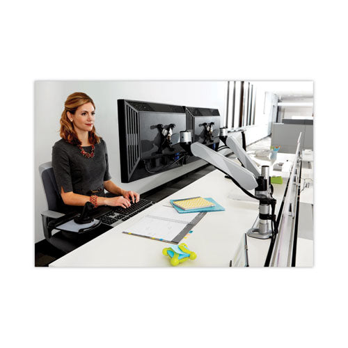 Montaje de brazo doble de escritorio de fácil ajuste para monitores de 27", rotación de 360 ​​grados, inclinación de +90/-15 grados, panorámica de 360 ​​grados, plateado, soporta 20 libras