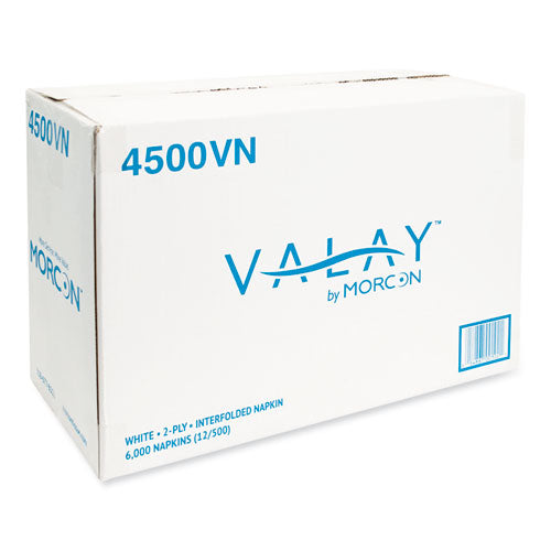 Servilletas interplegadas Valay, 2 capas, 6,5 x 8,25, blancas, 500/paquete, 12 paquetes/cartón