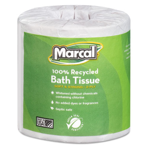 Papel higiénico de 2 capas 100 % reciclado, apto para sépticas, rollos envueltos individualmente, blanco, 330 hojas/rollo, 48 rollos/cartón