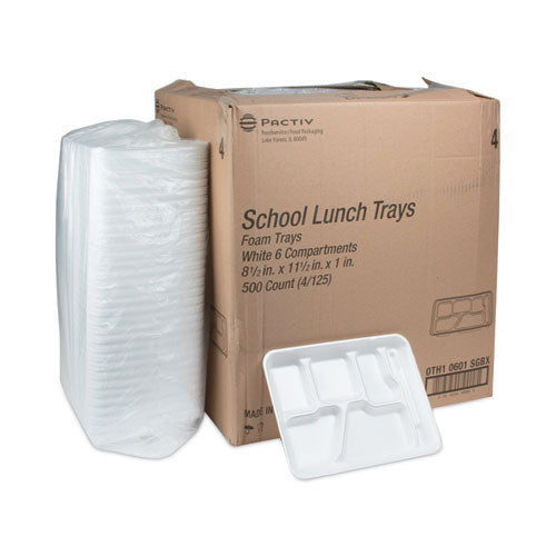 Foam School Trays, 6-compartment, 8.5 X 11.5 X 1.25, White, 500/carton