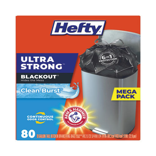 Bolsas con cordón ultrafuertes Blackout para cocina alta, 13 galones, 0.9 mil, 23.75" x 24.88", negras, 80 bolsas/caja, 3 cajas/cartón