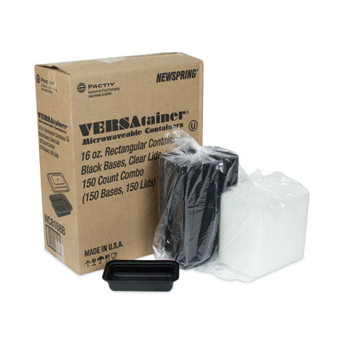 Newspring Versatainer Contenedores aptos para microondas, 16 oz, 5 x 7.25 x 1.5, negro/transparente, plástico, 150/cartón