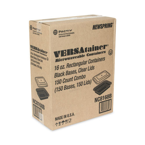 Newspring Versatainer Contenedores aptos para microondas, 16 oz, 5 x 7.25 x 1.5, negro/transparente, plástico, 150/cartón