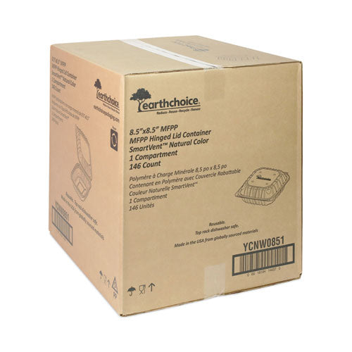 Earthchoice Recipiente ventilado para microondas Mfpp con tapa abatible, 8.5 x 8.5 x 3.1, blanco, plástico, 146/cartón