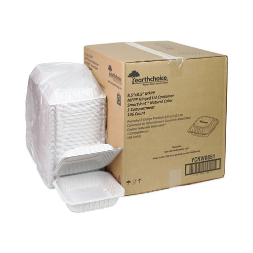 Earthchoice Recipiente ventilado para microondas Mfpp con tapa abatible, 8.5 x 8.5 x 3.1, blanco, plástico, 146/cartón