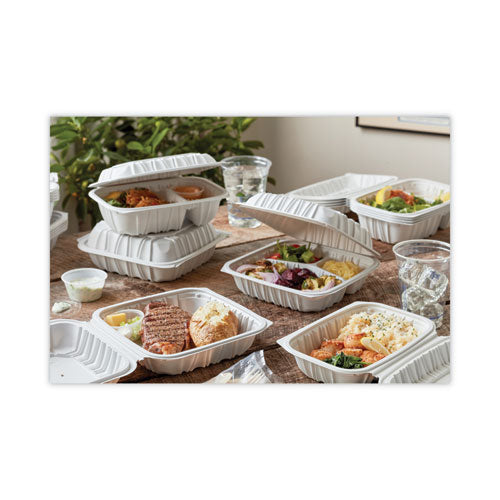 Earthchoice Vented Microwavable Mfpp Hinged Lid Container, 3-compartment, 8.5 X 8.5 X 3.1, White, Plastic, 146/carton