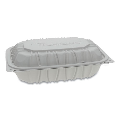 Earthchoice Vented Microwavable Mfpp Hinged Lid Container, 3-compartment, 8.5 X 8.5 X 3.1, White, Plastic, 146/carton