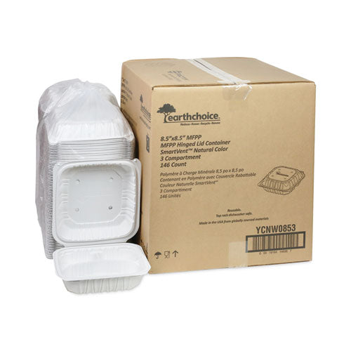 Earthchoice Recipiente ventilado para microondas Mfpp con tapa abatible, 3 compartimentos, 8.5 x 8.5 x 3.1, blanco, plástico, 146/cartón