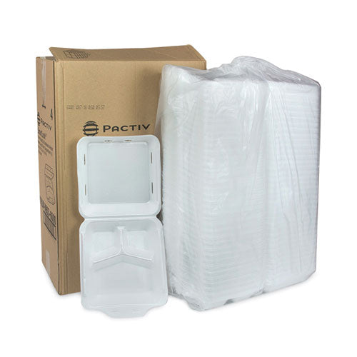 Smartlock Vented Foam Hinged Lid Container, 3-compartment, 9 X 9.25 X 3.25, White, 150/carton