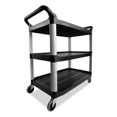 Carro de servicio de tres estantes, plástico, 3 estantes, capacidad de 200 lb, 18.63" x 33.63" x 37.75", negro