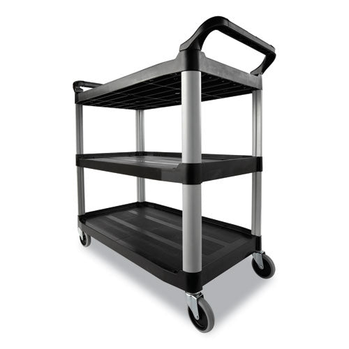 Carro de servicio de tres estantes, plástico, 3 estantes, capacidad de 200 lb, 18.63" x 33.63" x 37.75", negro