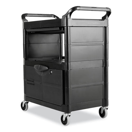 Carrito utilitario con puertas con seguro, plástico, 3 estantes, capacidad de 200 lb, 33.63" x 18.63" x 37.75", negro