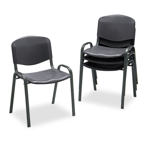 Silla apilable, soporta hasta 250 lb, altura del asiento de 18", asiento negro, respaldo negro, base negra, 4/caja