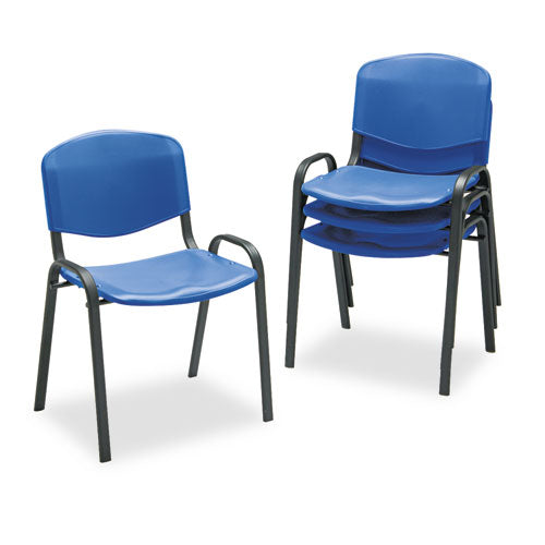 Silla apilable, soporta hasta 250 lb, altura del asiento de 18", asiento azul, respaldo azul, base negra, 4/caja