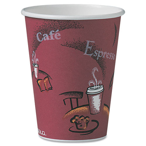 Paper Hot Drink Cups In Bistro Design, 10 Oz, Maroon, 1,000/carton