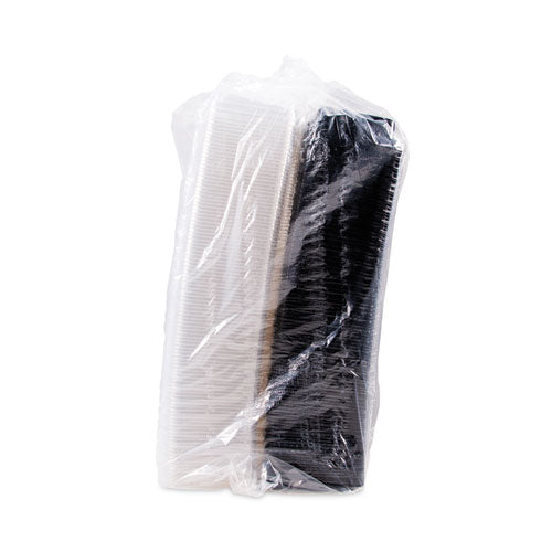 Creative Carryouts Cajas Hot Deli de plástico con bisagras, caja mediana para refrigerios, 18 oz, 6.22 x 5.9 x 2.1, negro/transparente, 200/cartón