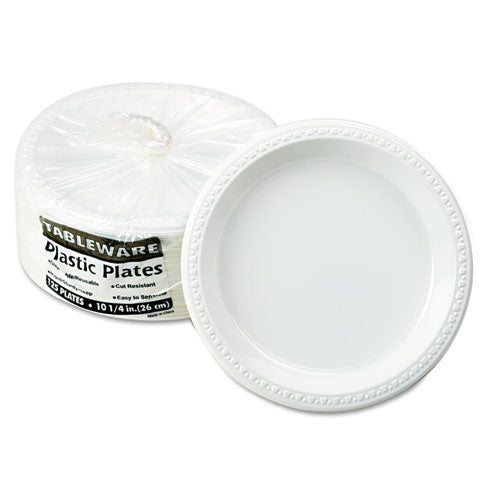 Vajilla de plástico, platos, 10.25" de diámetro, blanco, 125/paquete