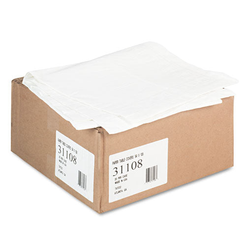 Mantel de papel, papel gofrado con revestimiento de plástico, 54" x 108", blanco, 20/caja
