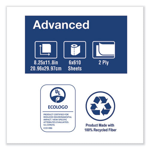 Toalla de mano de alimentación central avanzada, 2 capas, 8.25 X 11.8, blanca, 610/rollo, 6/caja