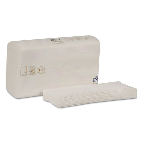 Premium Soft Xpress Toallas secamanos multiplegadas de 3 paneles, 2 capas, 9,13 X 9,5, blancas con hoja azul, 135/paquetes, 16 paquetes/caja