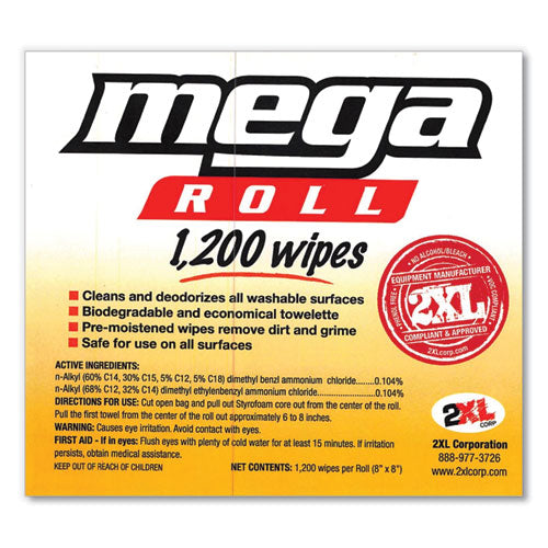 Gym Wipes Mega Roll Refill, 8 X 8, Sin perfume, Blanco, 1,200/rollo, 2 Rollos/cartón