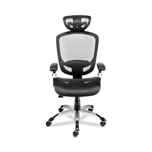 Silla de trabajo de malla Flexfit Hyken, soporta hasta 300 libras, altura del asiento de 17.24" a 20.98", asiento negro, respaldo negro. Base plateada