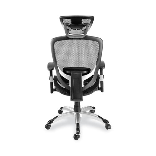 Silla de trabajo de malla Flexfit Hyken, soporta hasta 300 libras, altura del asiento de 17.24" a 20.98", asiento negro, respaldo negro. Base plateada