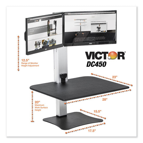 Estación de trabajo de escritorio de pie con monitor dual eléctrico de gran altura, 28" x 23" x 20.25", negro/aluminio