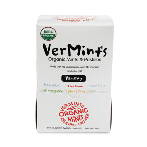 Pastillas/mentas orgánicas Vermints, sabores variados, 2 mentas/0.7 oz envueltos individualmente, 120/caja