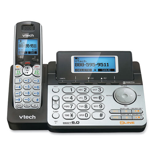 Ds6151-2 Teléfono inalámbrico de dos líneas y dos auriculares con sistema de contestador, negro/plateado