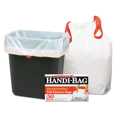 Bolsas de cocina con cordón, 13 gal, 0,6 mil, 24" x 27,38", blanco, 50/caja