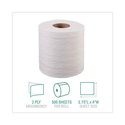 Papel higiénico, apto para sépticas, rollos envueltos individualmente, 2 capas, blanco, 500 hojas/rollo, 96 rollos/cartón