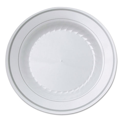 Platos de plástico Masterpiece, 9" de diámetro, blanco/plateado, 10/paquete, 12 paquetes/cartón